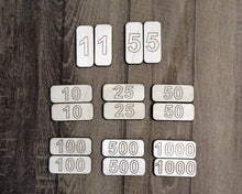 Point Counters for Board Games (1, 5, 10, 25, 50, 100, 500, and 1000)